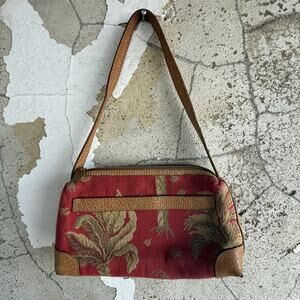 Vintage Tapestry Shoulder Bag Pam Tree‎ Print Red Olive Leather Trim Coastal FL